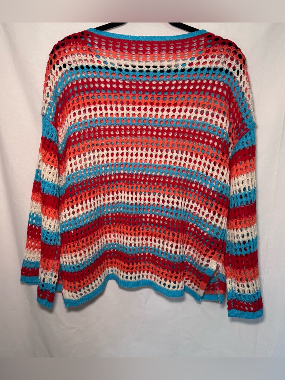Striped Open Knit Crochet Sweater Cover-Up Top Boho Size Small